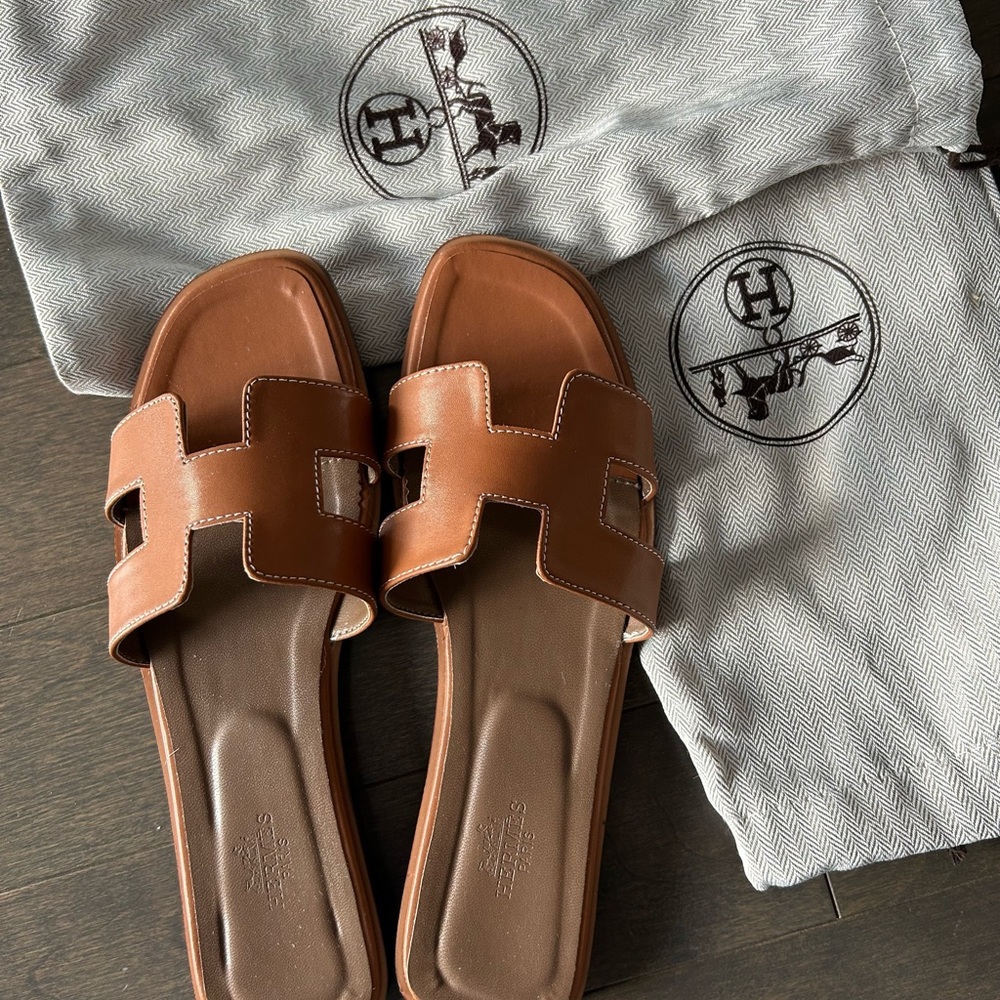 Hermes Brown Oran Leather Slide Sandals
